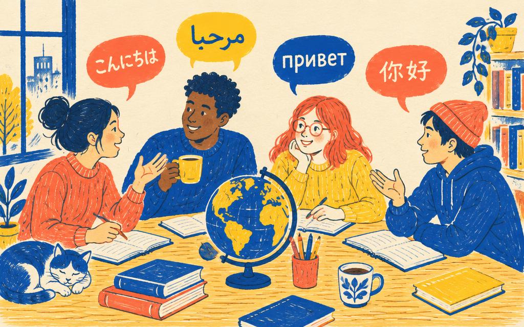 Ilustración de estudiantes conversando en varios idiomas