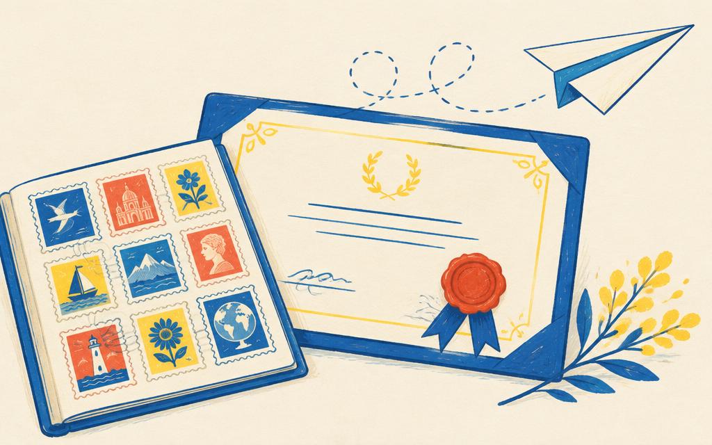 Ilustración de un certificado con sello de cera y álbum de estampillas
